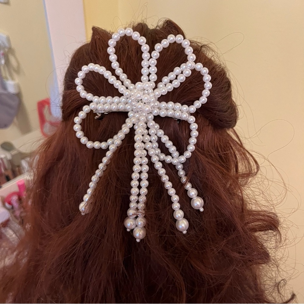 Vintage 80 90 Retro Oversized White Pearl Bow Feminine Hair Barrette Accessory - Picture 17 of 17